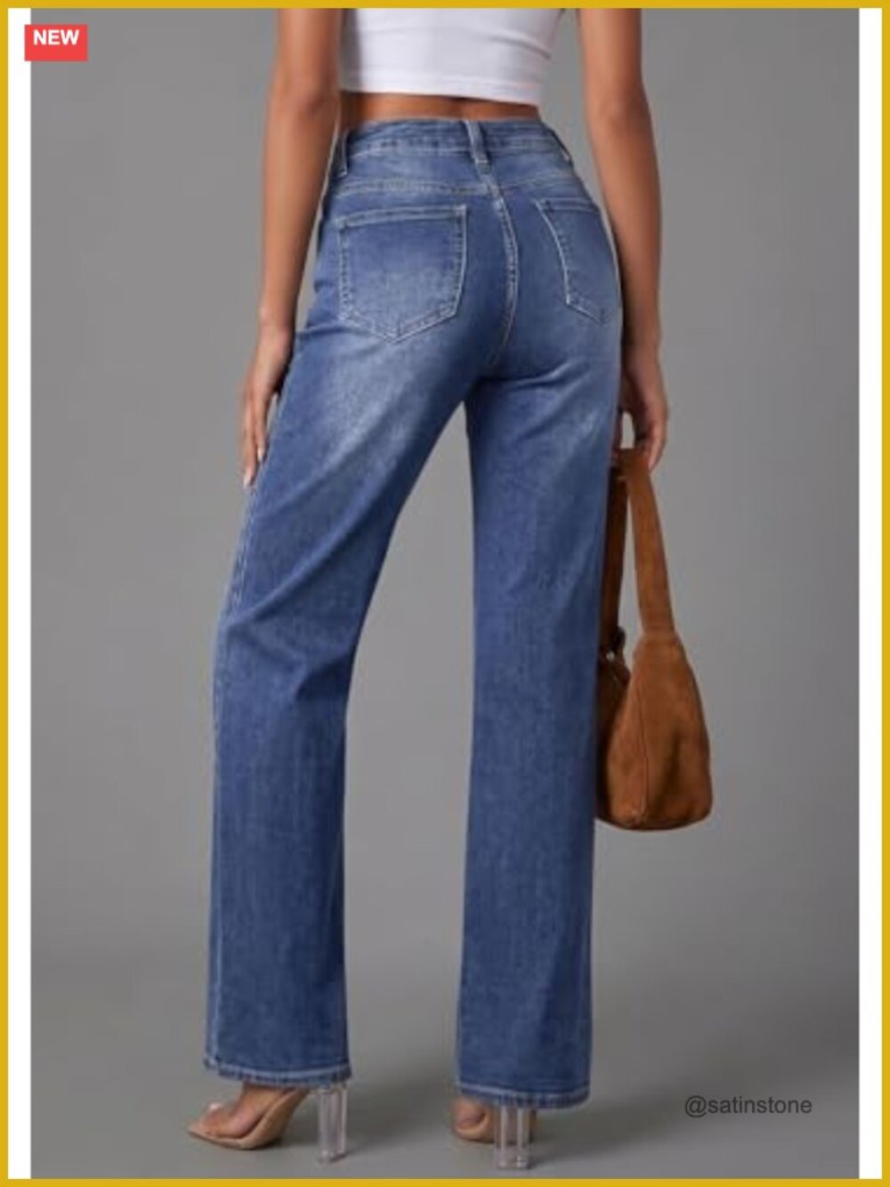 High Waisted Wide Leg Stretchy Denim Pants with Pockets - Picture 3 of 6